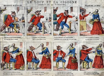 Il lupo e la cicogna. Favole di Jean de La Fontaine (1621-95). Immagine di Epinal fine XIX secolo.