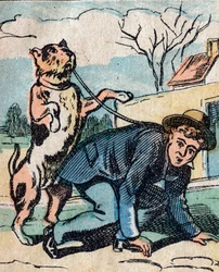 Il mondo sottosopra, una terra immaginaria: un cane che porta a spasso il suo padrone con un guinzaglio - immagine di Epinal
