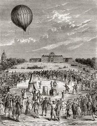 Il primo pallone a idrogeno del mondo, lanciato sopra il Campo di Marte, Parigi, Francia nel 1783, da Les Merveilles de la Science, pubblicato c.1870