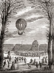 Il primo volo umano con pallone a idrogeno del mondo sopra il Champs de Mars, Parigi, Francia il 1 dicembre 1783, pilotato da Nicolas-Louis Robert e dal professore Jacques Charles, da 