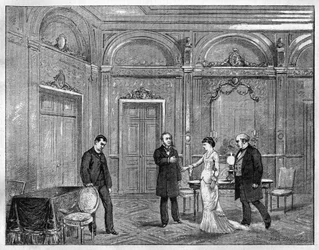 Rappresentazione teatrale: "Jean Beaudry" di Auguste Vacquerie (1819-1895). 4° atto. Parigi, Théâtre Français (Comédie Française). Incisione del 1880 in "La republique illustree" collezione privata.