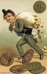 Ladro che scappa con un sacco di franchi francesi e banconote, da una serie di carte promozionali sulle valute in diversi paesi, pubblicata a Parigi da Baster & Vieillemard per uso del produttore di cioccolato