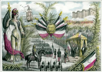 Terza Repubblica: la repubblica trionfante presiede alla Grande Festa Nazionale del 14/07/1880 in Place de la Bastille. Il 14 luglio diventa festa nazionale della Francia e viene adottata la bandiera tricolore. Incisione del 1880 circa, collezione privata