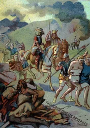Teoderico, figlio maggiore di Clodoveo, negli Arverni (Alvernia) (532-533). Cromolitografia della serie "Educazione patriottica attraverso l