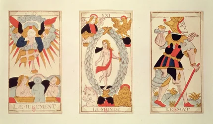 Tre carte dei tarocchi che raffigurano il Giudizio, Il Mondo e Il Matto (incisione colorata su legno)