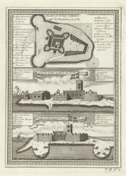 Tre vedute di Fort James in Gambia