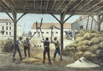 Trebbiatura del grano, illustrazione da un libro di testo scolastico Enseignement par les yeux, 2a metà del XIX secolo