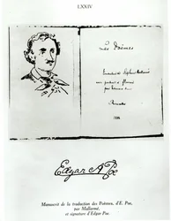 Pagina del titolo di Les Poemes di Edgar Allan Poe (1809-49) tradotto da Stephane Mallarme (1842-98) con un ritratto dell