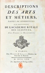 Pagina del titolo di “Descriptions of Arts and Metiers made or approved by gentlemen of the Royal Academy of Sciences”. 1761
