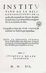 Pagina del titolo delle Istituzioni della Religione Cristiana di Giovanni Calvino, Prima Edizione Francese, 1541