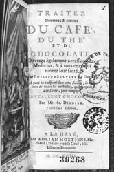 Pagina del titolo di Traite Nouveau et Curieux du Cafe, du The et du Chocolat di Philippe Sylvestre Dufour, La Haye, pubblicato nel 1693