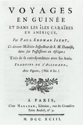 Pagina del titolo di Viaggi in Guinea e nelle Isole Caraibiche in America di Paul Erdman Isert, pubblicato nel 1743
