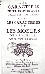 Pagina del titolo di Les Caracteres de Theophraste traduits du grec, avec Les Caracteres ou les moeurs de ce siecle di La Bruyere, 1688