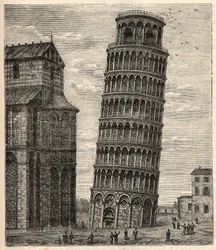 Torre di Pisa - Torre di Pisa - Tour de Pisa - Incisione in "Scienze alla portata di tutti - Fisica e chimica popolari" di Alexis Clerc - Fine XIX secolo - Collezione privata