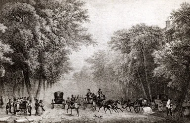Traffico a Parigi, Francia, nel XIX secolo, circa 1830