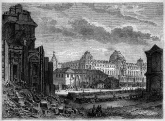 Trasformazioni di Parigi sotto il Secondo Impero, Haussmann Parigi: demolizione del Padiglione Flore e lavori nel cortile delle Tuileries - Incisione in "Le Monde Illustré" n.244 del 14 dicembre 1861