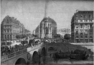Trasformazioni di Parigi sotto il Secondo Impero, Haussmann Parigi: vista della fontana Saint Michel (1860) sul Boulevard de Sebastopol. Incisione in "Le Monde Illustré" n°175 del 18 agosto 1860.