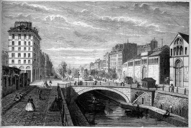 Trasformazioni di Parigi sotto il Secondo Impero, Parigi Haussmanniana: vista del boulevard Richard Lenoir stabilito sulla volta del Canal Saint Martin. Incisione in "Le Monde Illustré" n°233 del 28 settembre