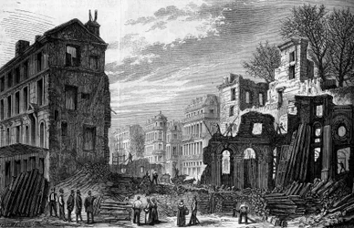 Trasformazioni di Parigi sotto il Secondo Impero, Parigi Haussmann: apertura del boulevard Saint Germain, vista dalla rue Saint Dominique. Incisione del 1870