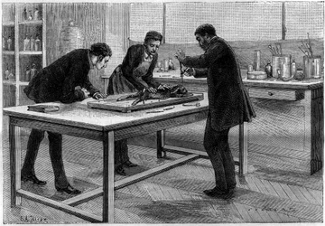 Trapanazione di un coniglio nel laboratorio di Louis Pasteur (1822-1895), per lo studio della rabbia, disegno dal vero di C. Gilbert. Incisione in «La Nature. Revue des sciences et de ses applications aux arts et à l