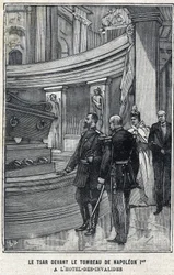 Lo zar Nicola II di Russia (1868-1918) e la zarina Alessandra Fëdorovna Romanova (1872-1918) davanti alla tomba di Napoleone I Bonaparte all