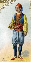 Uomo turco. Edizione della litografia parigina, fine XIX secolo. Serie di 25 cromolitografie pubblicitarie per la fabbrica di biscotti Pernot di Digione, creata nel 1869. (dettaglio)