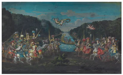 Due fogli di ventaglio: Il carosello pomposo delle Amazzoni galanti dalle quattro parti del mondo; e Processione che lascia un tempio accompagnata da putti, seconda metà del XVII secolo