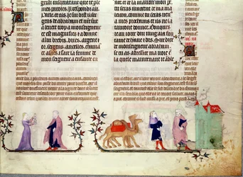 Due scene della storia di Rebecca al pozzo, dalla Bibbia di Jean de Sy, c.1355
