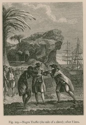 Tipica scena di commercio di schiavi nel XVIII secolo (incisione)
