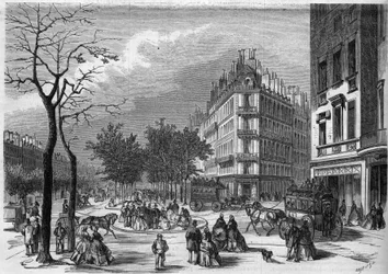 Uno dei primi "rifugi" per i pedoni che attraversano i boulevard a Parigi istituito tra il boulevard des Capucines e il boulevard de la Madeleine