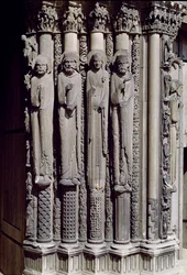 Figura sconosciuta, Re Salomone, la Regina di Saba e Re Davide, figure del portale reale, 1140-55