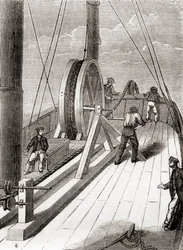 Srotolamento del cavo sottomarino da Dover a Calais a bordo del Blazer, 25 dicembre 1851, da Les Merveilles de la Science, pubblicato c.1870 (incisione)