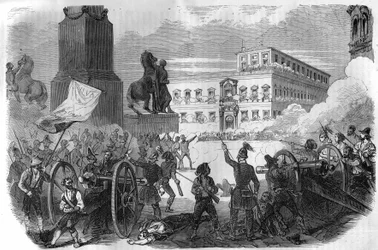 Rivolta a Bologna: rovesciamento del governo pontificio sotto Gregorio XVI Papa dal 1831 al 1846. Incisione in 