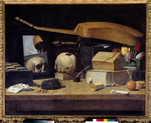 Vanitas, natura morta con mazzo di carte, strumento e teschio