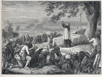 Guerre di Vandea (1793-1796): un prete celebra una messa sotto una quercia per la popolazione insorta che rifiuta i preti giurati. Incisione del 1889. Collezione privata