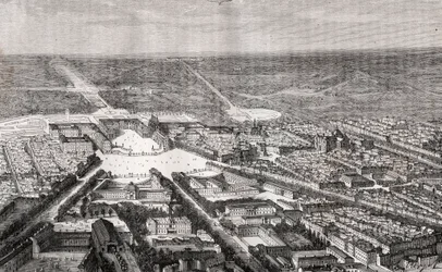 Versailles con il suo castello nel XIX secolo - incisione in "La France illustrée: géographie, histoire, administration statistique" di V.A. Malt-Brown. 1884