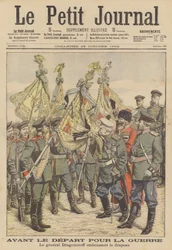 Il generale russo veterano Mikhail Dragomirov bacia la bandiera di un reggimento in partenza per la guerra russo-giapponese (litografia a colori)
