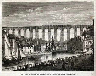 Viadotto di Morlaix, sulla ferrovia da Parigi a Brest (Francia). Incisione di Lebreton e Marchand, in "Les Merveilles de la Science" di Louis Figuier (1819-1894), edizione Jouvet et Cie