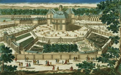 Veduta e prospettiva del Salone della Menagerie a Versailles, inciso da Antoine Aveline