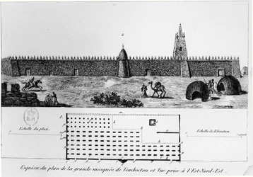 Vista e pianta della grande moschea di Timbuktu, da Journal d