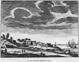 Veduta di Fort Frederik Hendrik, Mauritius, nel 1642, illustrazione da Le Premier Etablissement Neerlandais a Maurice di Prince Roland Bonaparte, 1890