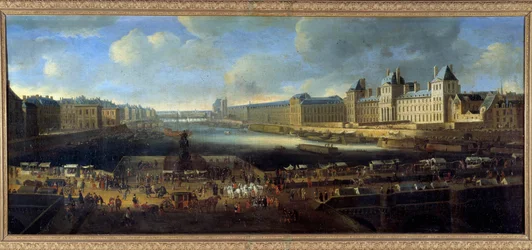 Veduta di Parigi dalla costa del Louvre presa dal Pont Neuf Dipinto della Scuola Francese del XVII secolo