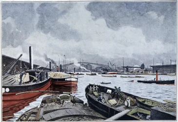 Veduta di Parigi, la Senna e il Bacino della Villette, acquerello di Brun. 1889