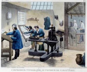 Veduta di una tipografia: il tipografo e il creatore di caratteri. Litografia di Bineteau