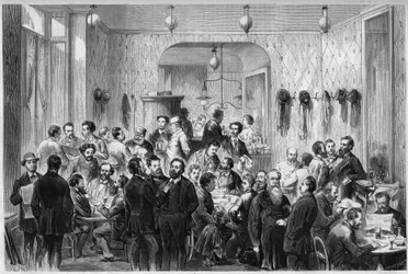 Veduta del "Café du Levant", a Ginevra, luogo di ritrovo per i rifugiati della Comune di Parigi e della Comune di Lione. Da sinistra a destra sono rappresentati: Masse, Sirdey, Andignous, Jules Frantz, Jules Moutils, Gaillard (padre e figlio), Perrare, J. 