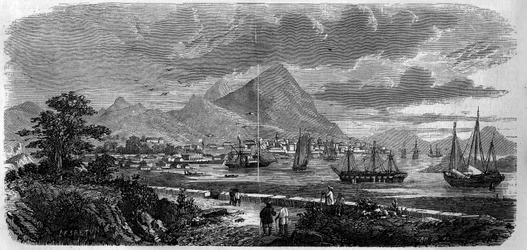 Veduta della città di Hong Kong (Hong Kong) (Isola della Baia di Canton) nel 1857. Incisione in "Le Monde Illustré" n.29 del 31 ottobre 1857.