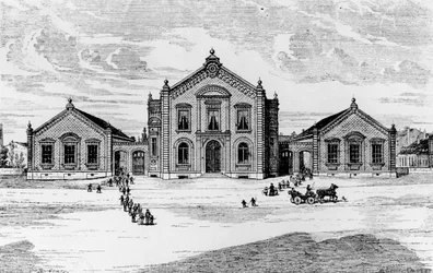 Vista delle scuole e del teatro, Familistero di Guise, da Solutions Sociales di Jean-Baptiste Andre Godin (1817-88), Parigi, 1871