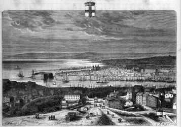 Veduta della città e del porto di Marsiglia. Incisione del 1880 in "La republique illustree" collezione privata