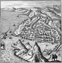 Veduta della città e del porto di Marsiglia nel XVI secolo - incisione in "La Marine et les colonies: commerce"