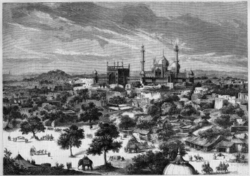 Veduta della città di Delhi (India) nel 1857. Da uno schizzo del Principe Alexis Soltykoff. Incisione di Bertrand in "Le Monde Illustré" n.20 del 29 agosto 1857.